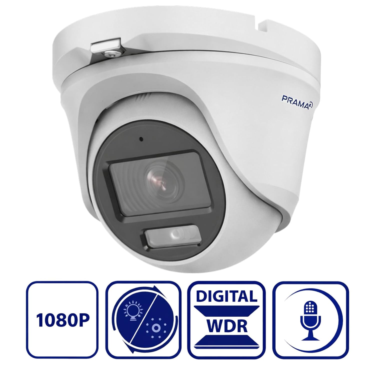 A white dome security camera with a black lens surround, shown on a white background with four blue feature icons below indicating 1080P, low light performance, digital WDR, and voice capability. The brand PRAMAR is printed on the side.