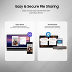 Advertisement for easy and secure file sharing with Galaxy devices, featuring Quick Share and Private Share options.