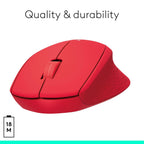 Red ergonomic mouse on a white background with text 'Quality & durability' and battery icon.