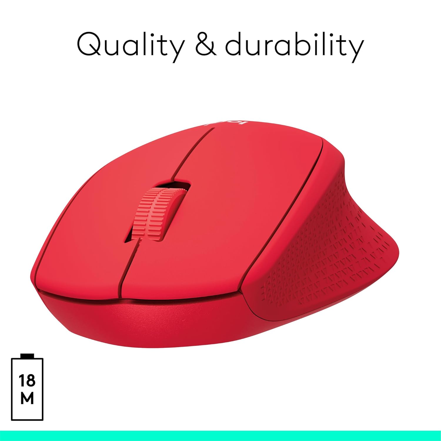Red ergonomic mouse on a white background with text 'Quality & durability' and battery icon.