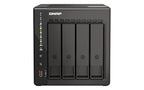 A QNAP all-in-one network storage device with four bays, shown from a front-facing perspective on a solid white background.