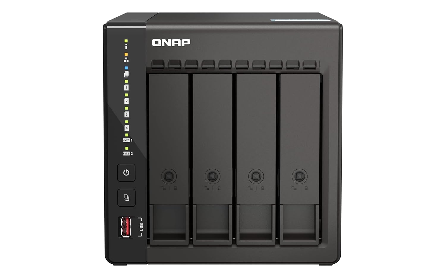 A QNAP all-in-one network storage device with four bays, shown from a front-facing perspective on a solid white background.