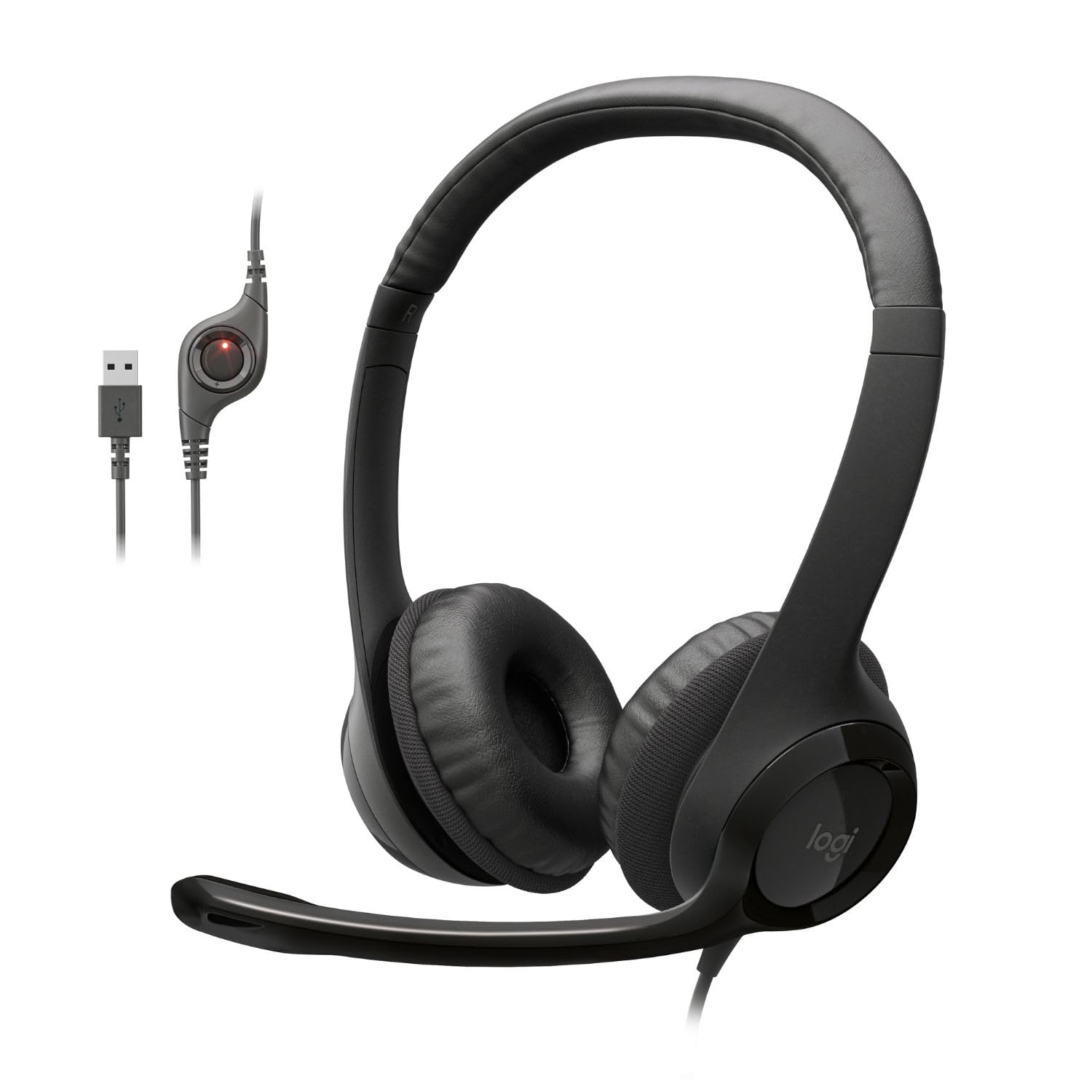 Black headset with USB cable on a white background