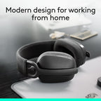 Black headphones on a desk with text 'Modern design for working from home'.