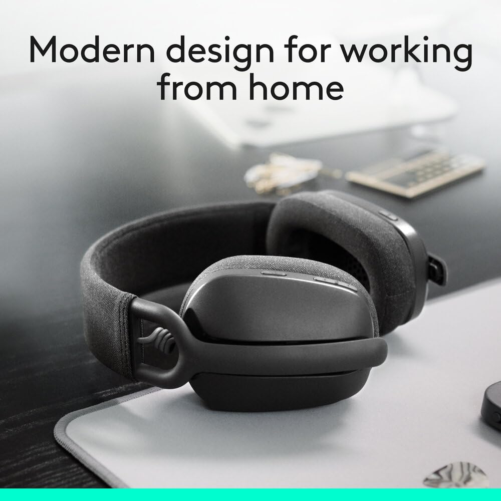 Black headphones on a desk with text 'Modern design for working from home'.