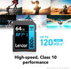 Lexar  High-Performance 800x PRO SD Card, UHS-I, C10, U3, V30, 4K, Up to 150MB/s Read SDXC Memory Card, for Point-and-Shoot & Mid-Range DSLR Cameras, HD Camcorders (LSD0800P128G-BNNNU)