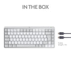 Logitech wireless keyboard shown on a white background with 'IN THE BOX' text above and a cable shown to the right with 'Cable length: 1m' text below.