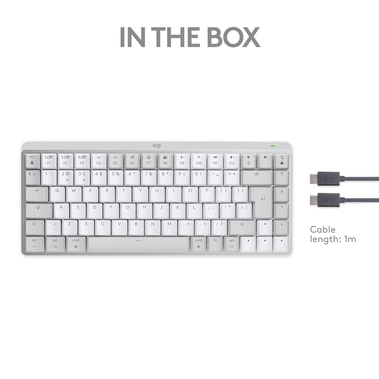 Logitech wireless keyboard shown on a white background with 'IN THE BOX' text above and a cable shown to the right with 'Cable length: 1m' text below.