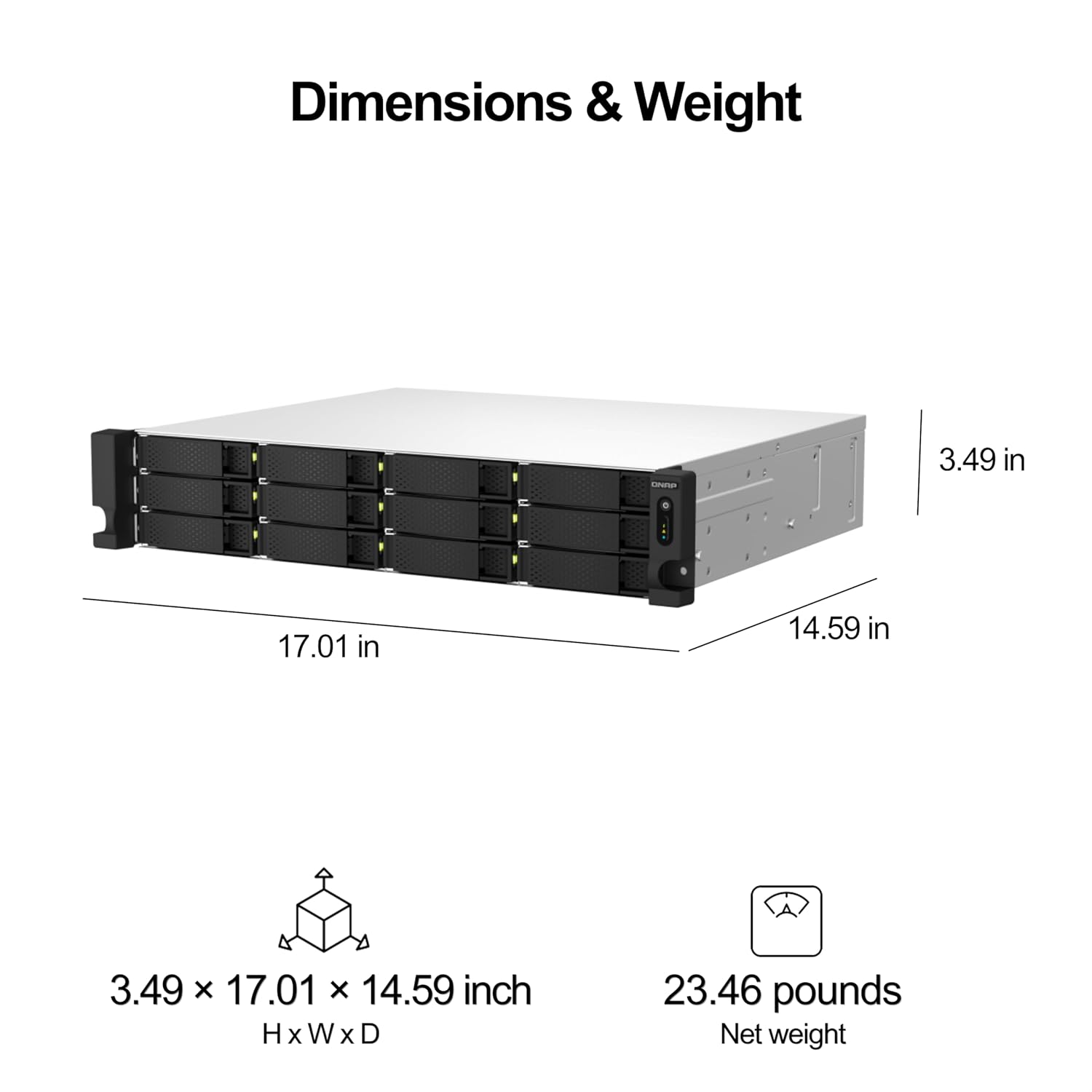 Technical dimension diagram of a server rack on a white background, showing the product with labeled measurements of 17.01 in width, 14.