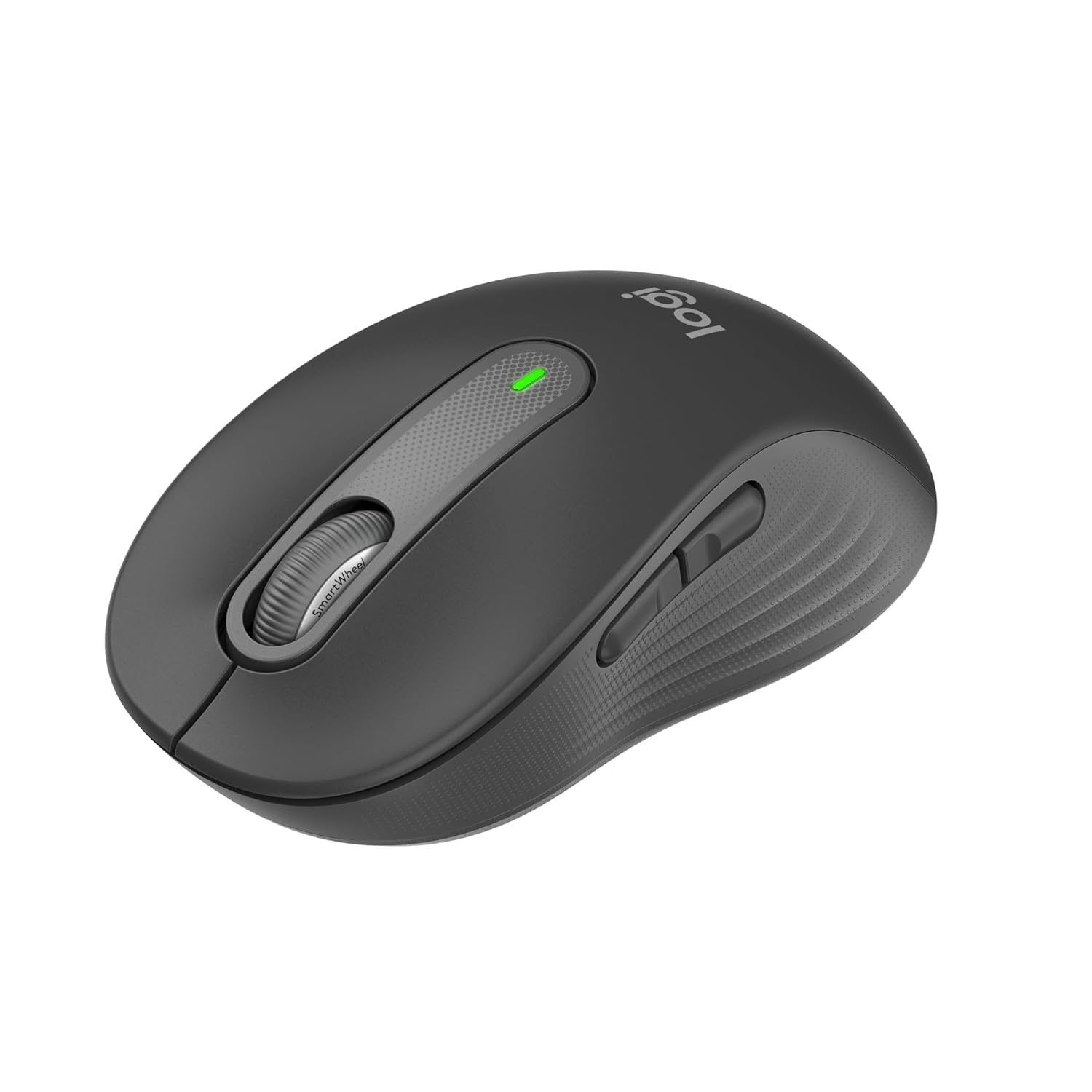 Black computer mouse with a visible brand logo on a white background