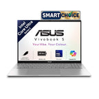 An ASUS Vivobook S laptop shown open on a white background, with a 'SMART CHOICE' badge above it. The screen displays ASUS branding and feature icons including Intel Core Ultra Series 3, 25 Hrs battery life, Intel Evo 3 Processor, and Copilot+PC.