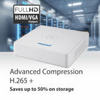 A white rectangular PRAMA H.265+ video encoder box shown on a blurred server-room background, with text reading 'FULLHD HDMI/VGA Output' and 'Advanced Compression H.
