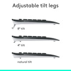 Three views of a keyboard with adjustable tilt legs on a white background, labeled 8° tilt, 4° tilt, and natural tilt.