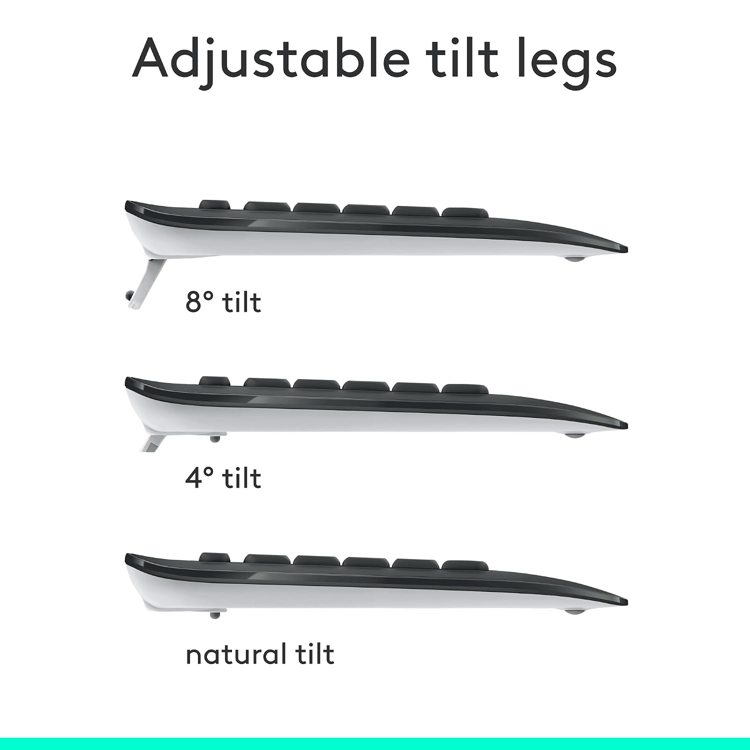 Three views of a keyboard with adjustable tilt legs on a white background, labeled 8° tilt, 4° tilt, and natural tilt.