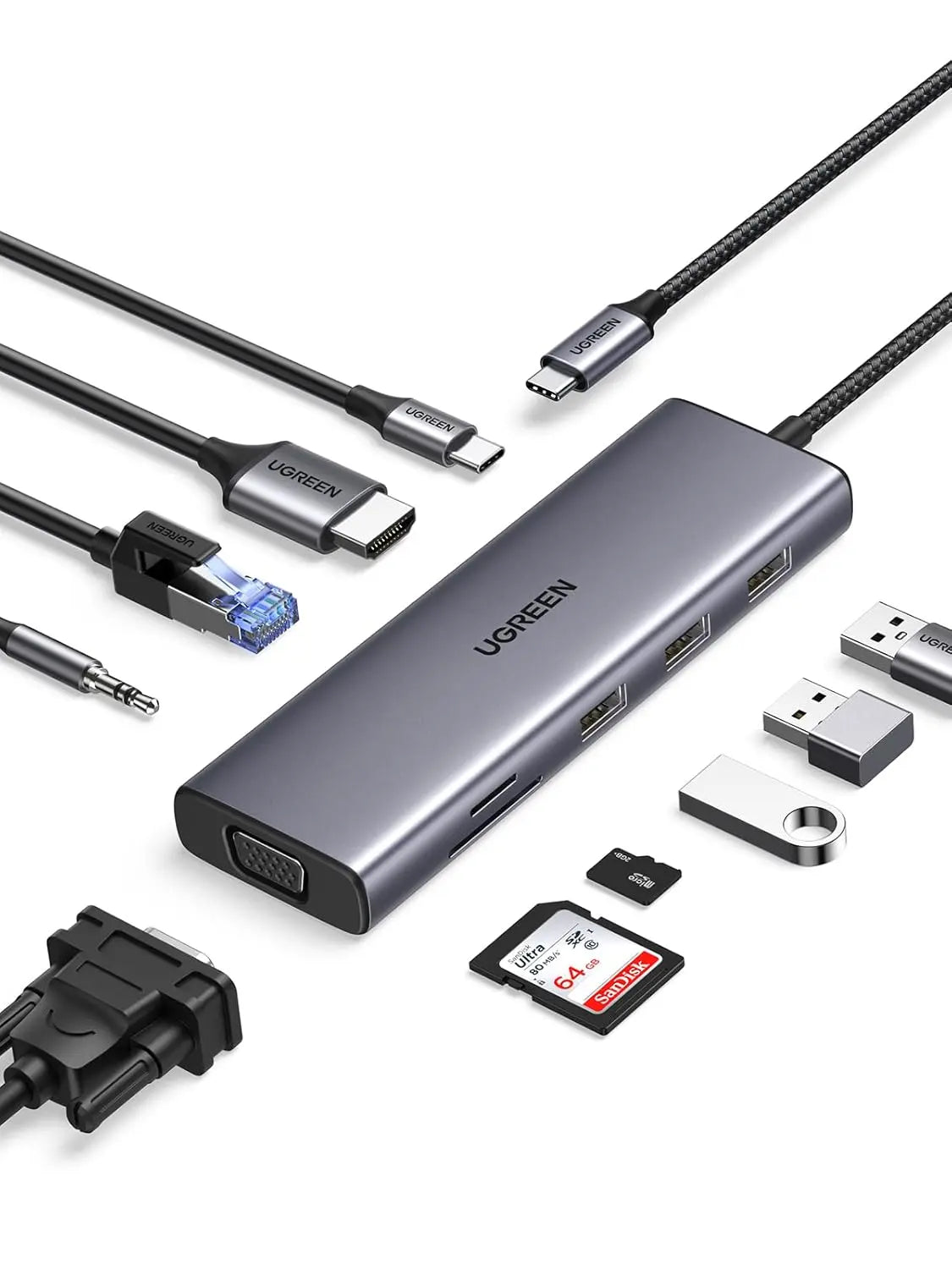 UGREEN 10-in-1 USB-C Docking Station 4K HDMI VGA Dual Monitor 1Gbps Ethernet 100W PD 3x USB 3.0 SD/TF Audio Laptop Tablet 15601