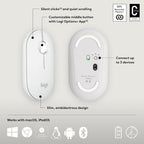 Logi Pobble Mouse 2 in white, shown from both the top and bottom views with callout lines and feature text on a light gray background. Includes compatibility icons for macOS, iPadOS, Windows, Linux, Android, Bluetooth, 24-hour battery, and recycled plastic certification badges.
