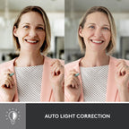 Before and after comparison of a woman with auto light correction text overlay