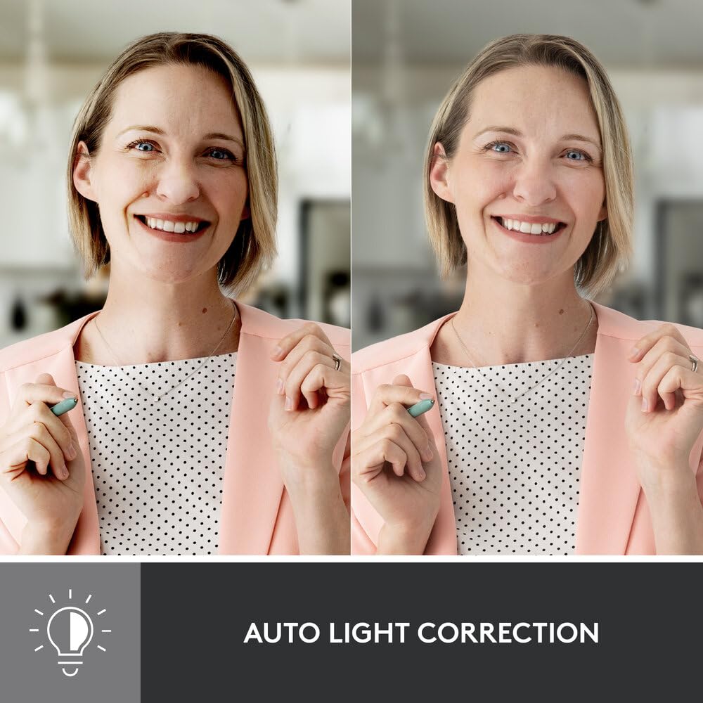 Before and after comparison of a woman with auto light correction text overlay