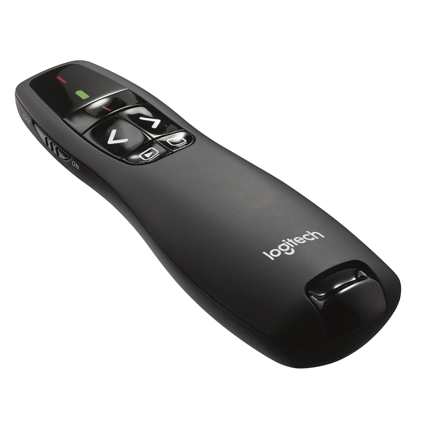 Black Logitech remote control on a white background