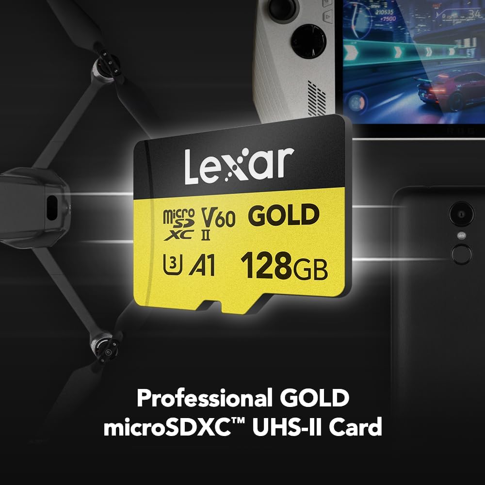 Lexar 128GB Professional Gold Micro SD Card, UHS-II, C10, U3, V60, A1, Full HD, 4K, Up to 280/100 MB/s microSDXC Memory Card, for Drones, Action Cameras, Portable Gaming Devices (LMSGOLD128G-BNNNG)