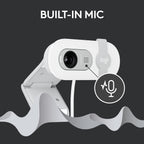 White webcam with built-in mic on a black background