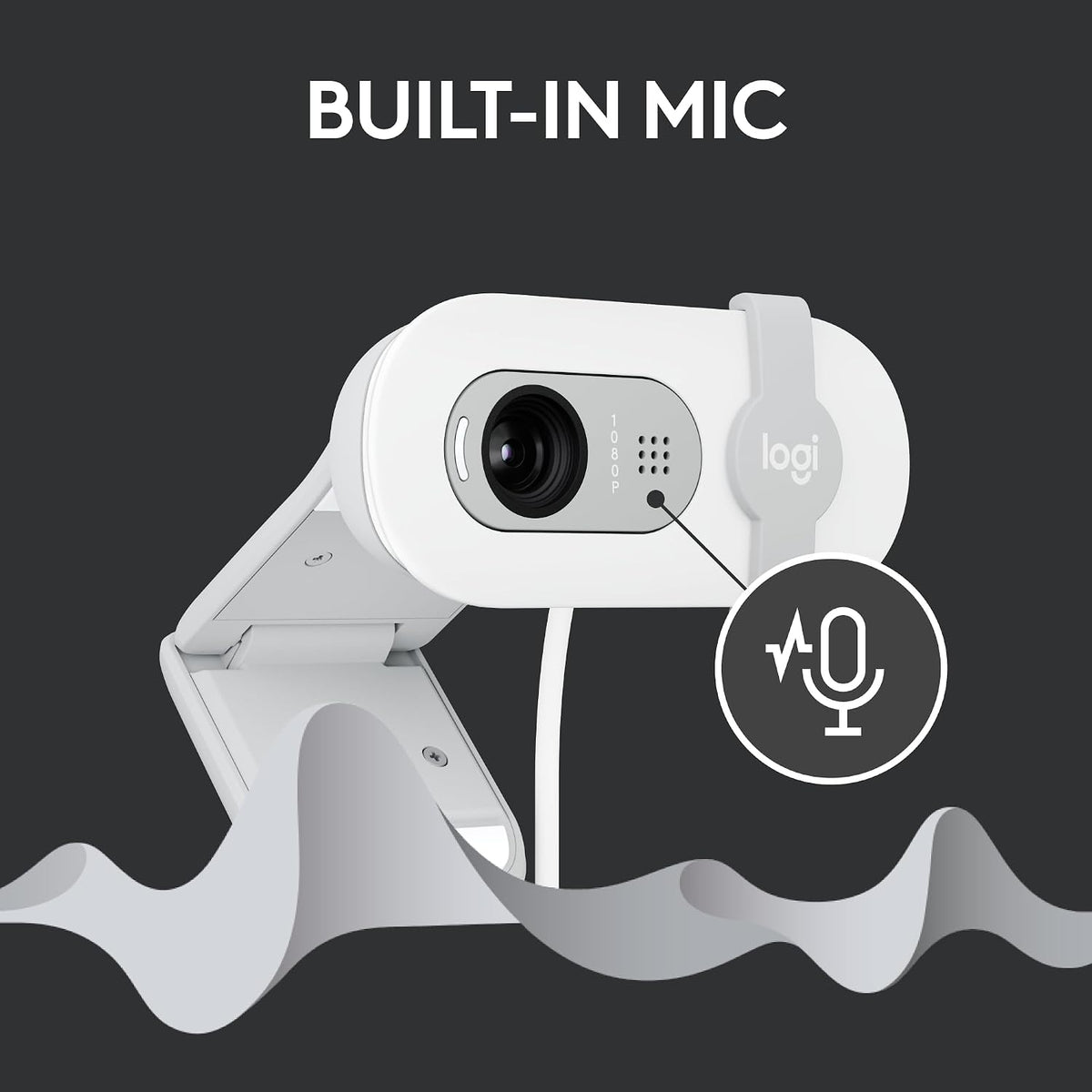 White webcam with built-in mic on a black background