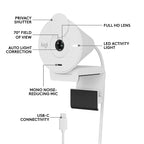 White Logi security camera with callout labels pointing to features such as privacy shutter, full HD lens, LED activity light, mono noise-reducing mic, USB-C connectivity, and auto light correction on a white background.