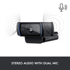 Logitech webcam with dual microphone on a white background