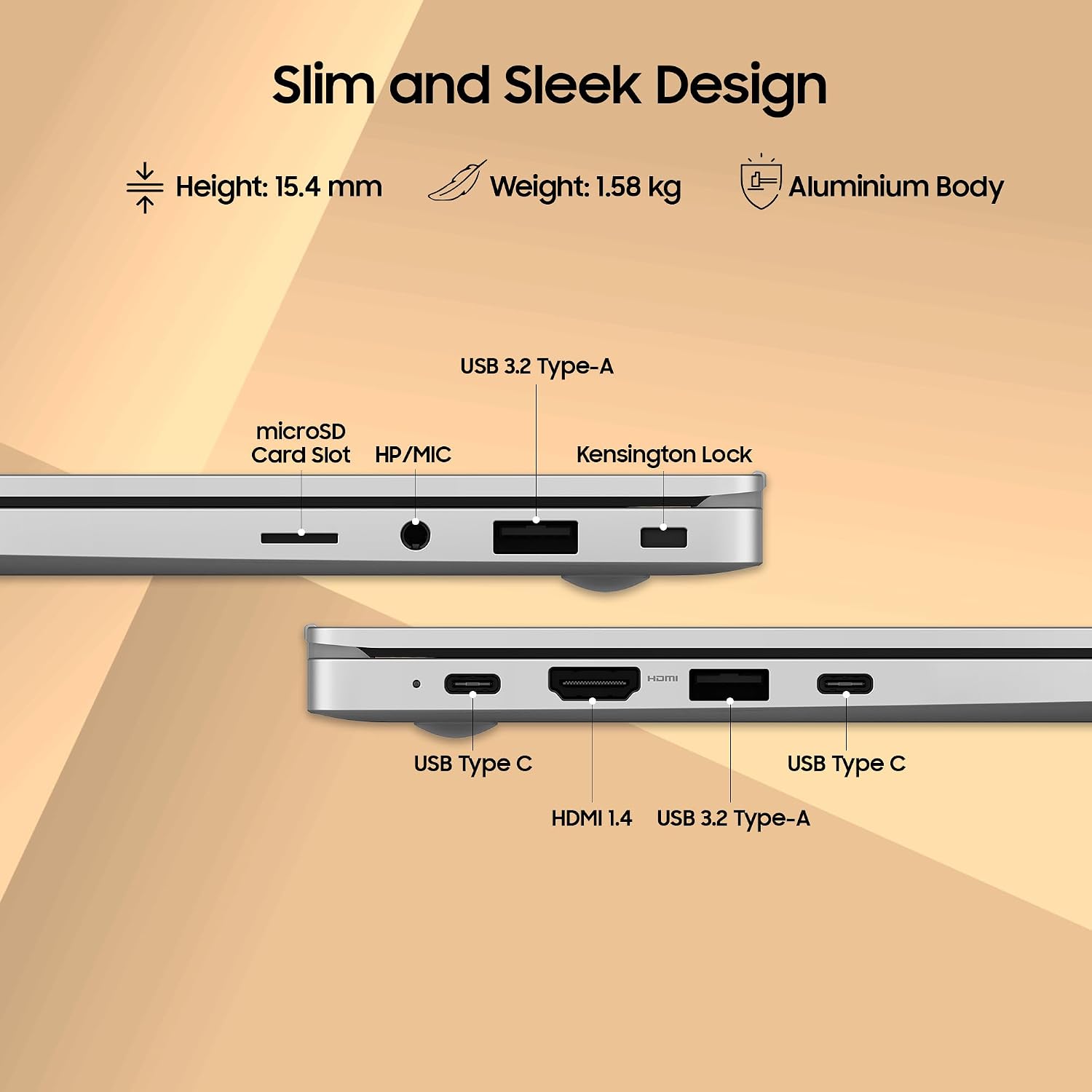 Promotional graphic for a slim aluminium laptop showing side port details with overlaid labels: USB 3.2 Type-A, microSD card slot, HP/MIC jack, Kensington lock, USB Type C, HDMI 1.