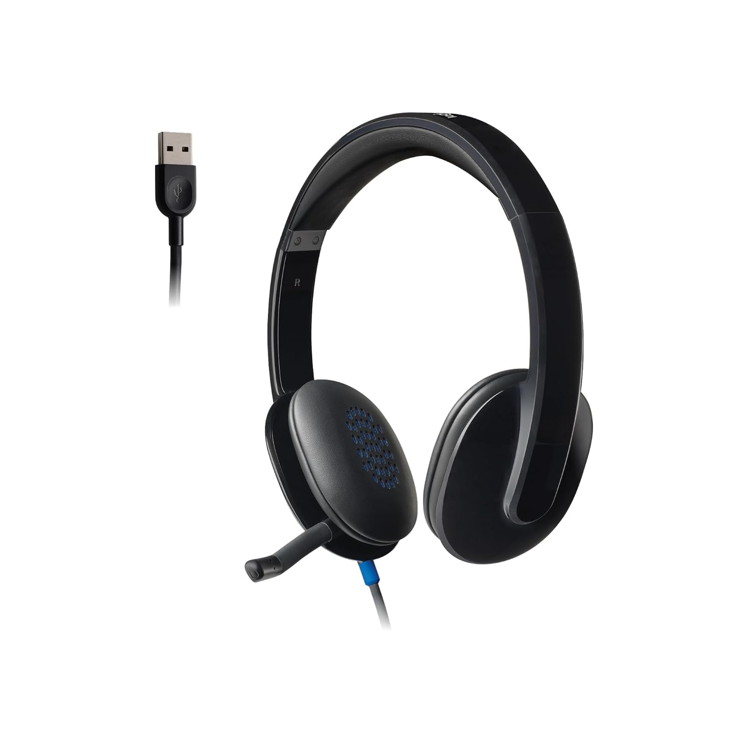 Black over-ear gaming headset with a detachable microphone and USB connector, shown on a plain white background.