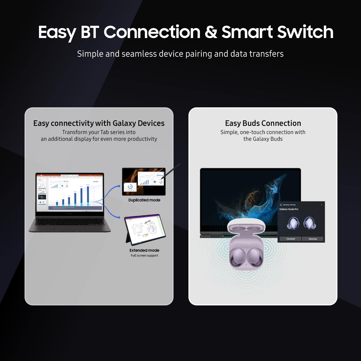 Advertisement for easy BT connection and smart switch features with laptop and earbuds on a dark background.