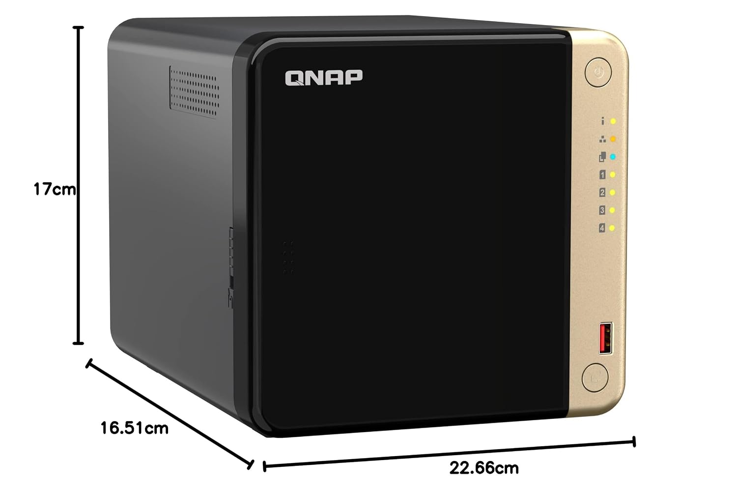 QNAP NAS device with dimensions labeled on a white background