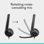 Logitech headset with rotating noise-canceling mic on a light gray background