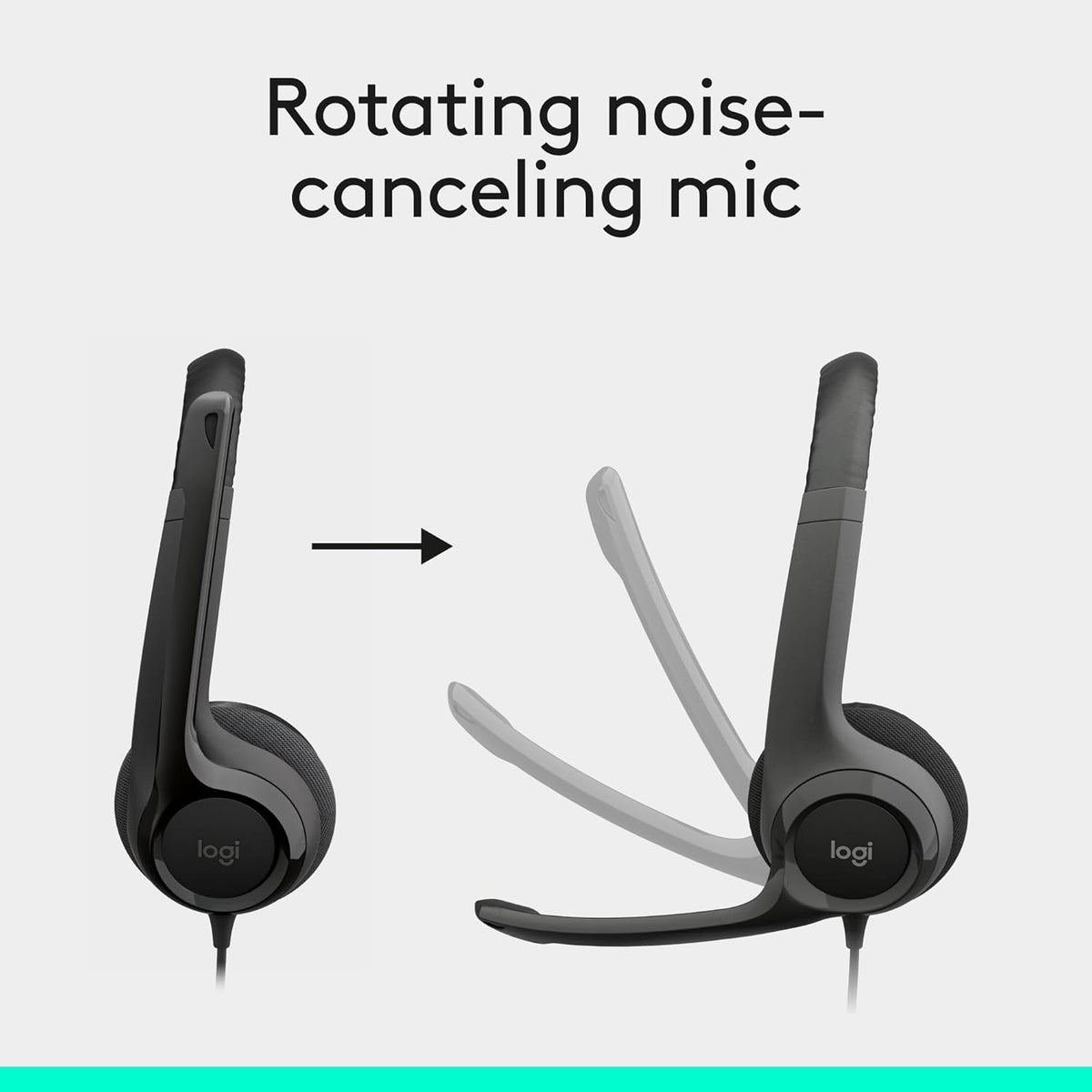 Logitech headset with rotating noise-canceling mic on a light gray background