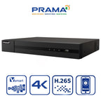 A black PRAMA digital surveillance recorder shown on a white background, with the PRAMA logo at the top and feature icons below indicating smart cloud storage, 4K, H.265, and mobile access.