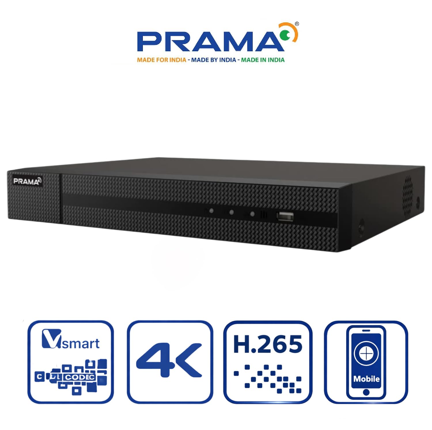 A black PRAMA digital surveillance recorder shown on a white background, with the PRAMA logo at the top and feature icons below indicating smart cloud storage, 4K, H.265, and mobile access.
