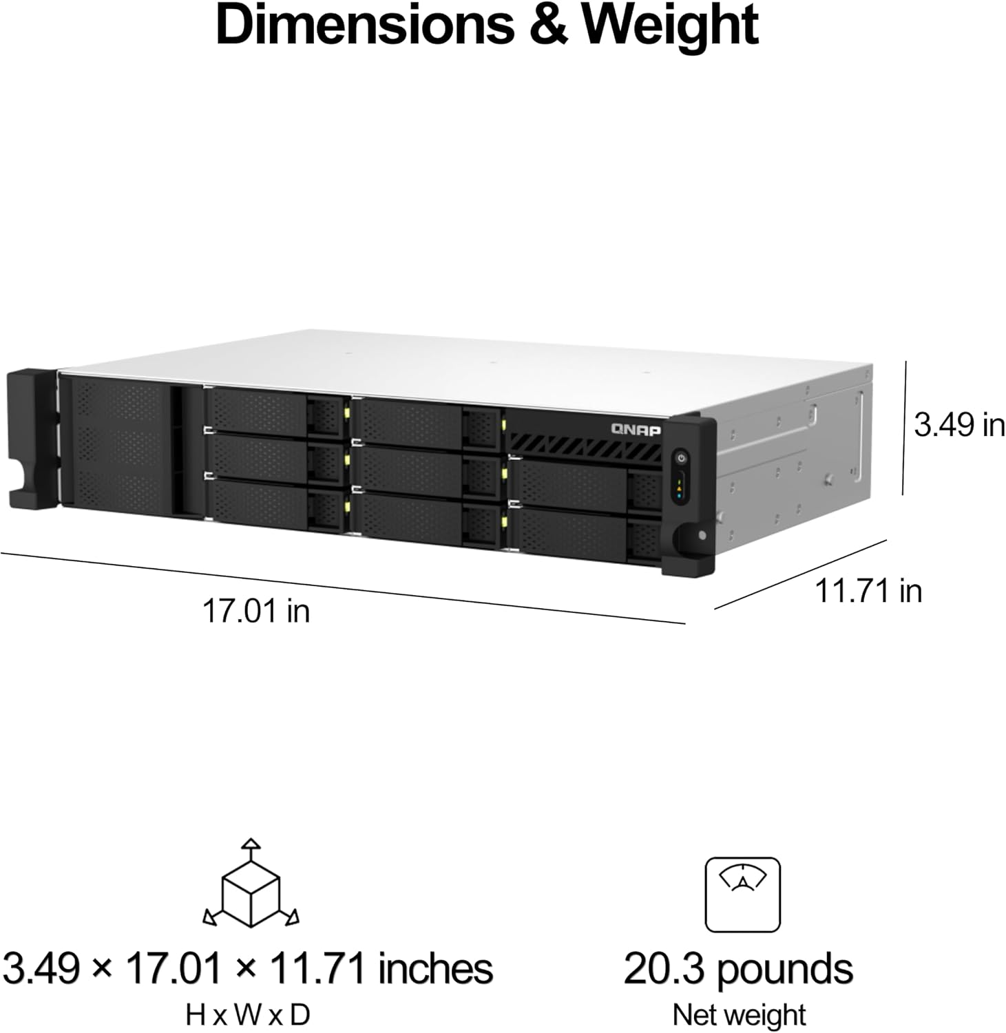 Technical dimension diagram of a UNIPAD 4-bay server rack, showing its width (17.01 in), height (3.