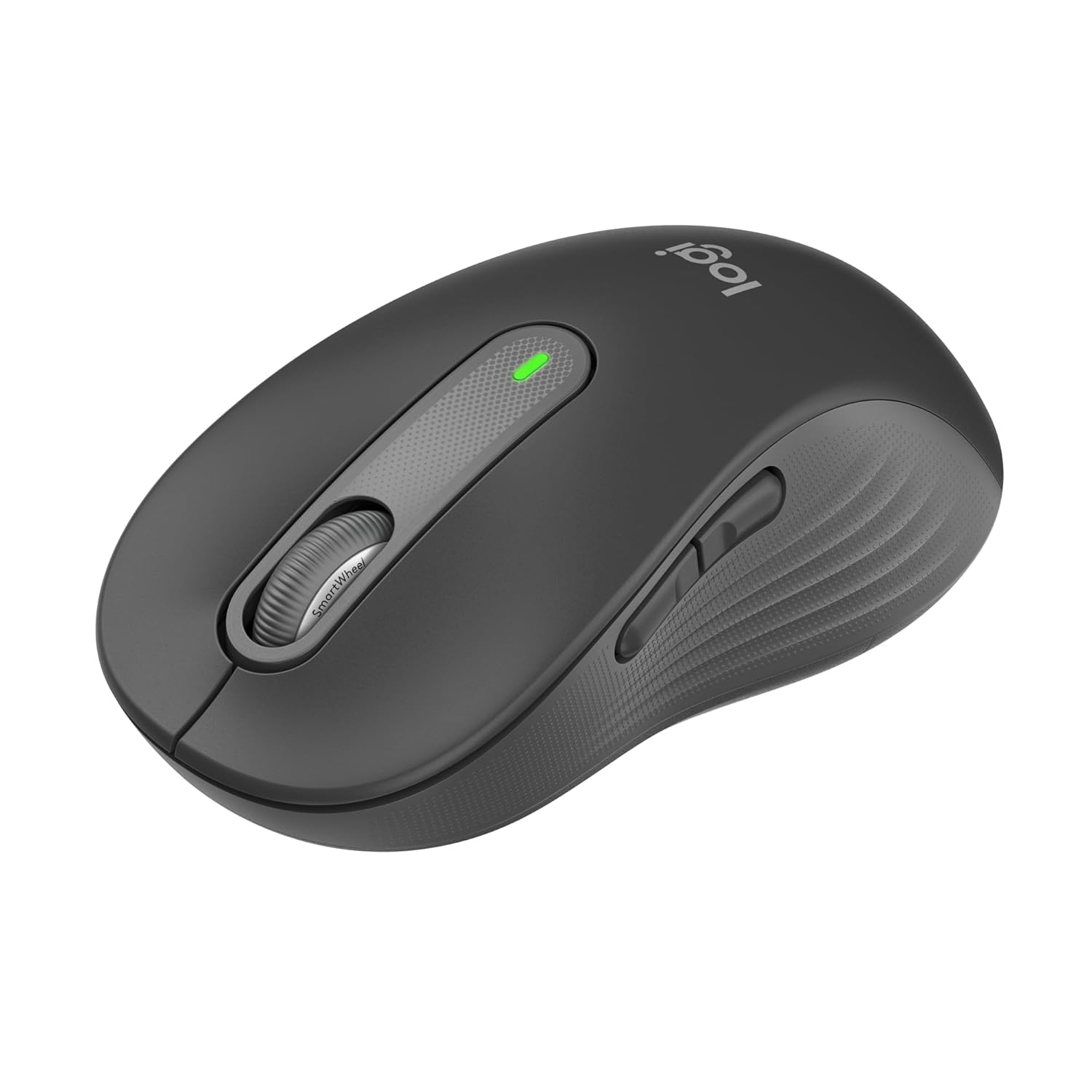 Black computer mouse with a visible brand logo on a white background
