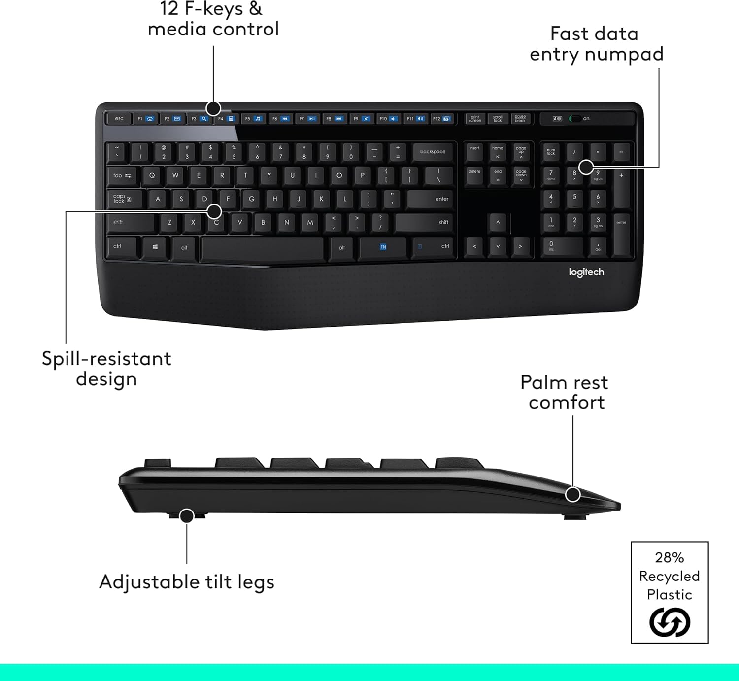 Logitech keyboard with features highlighted on a white background