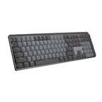 A full-size mechanical keyboard with a dark gray and black keycap layout, shown at an angle on a plain white background.