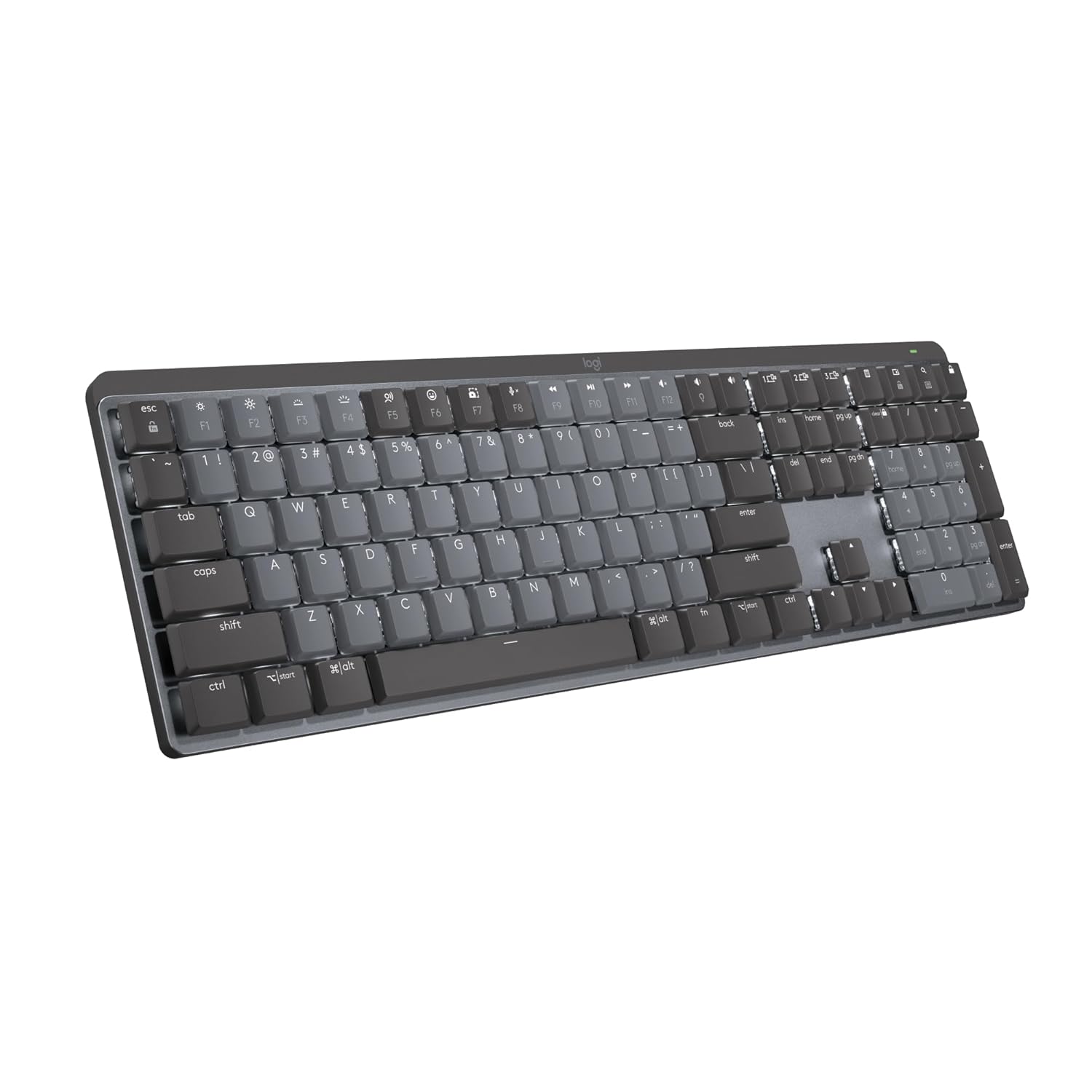 A full-size mechanical keyboard with a dark gray and black keycap layout, shown at an angle on a plain white background.