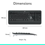Logitech wireless keyboard dimensions and weight diagram on a white background, showing top-down measurements of 457 mm by 178 mm, a side profile of 76 mm, and a weight of 73g.