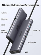 UGREEN 10-in-1 USB-C Docking Station 4K HDMI VGA Dual Monitor 1Gbps Ethernet 100W PD 3x USB 3.0 SD/TF Audio Laptop Tablet 15601