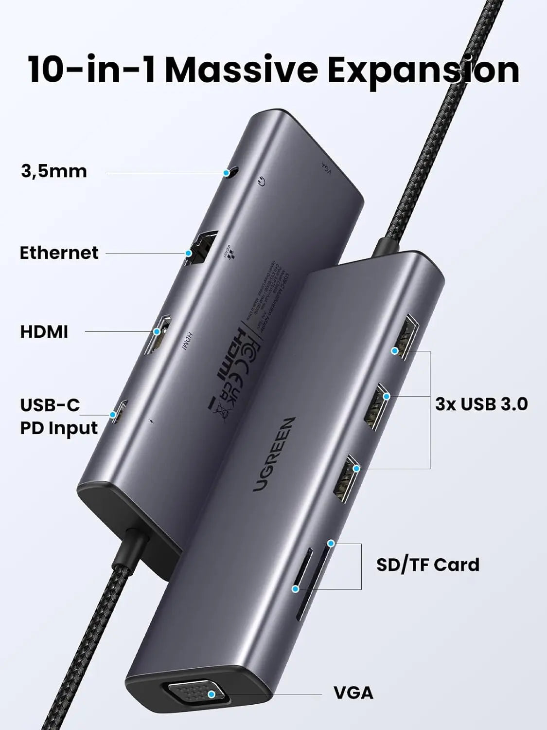 UGREEN 10-in-1 USB-C Docking Station 4K HDMI VGA Dual Monitor 1Gbps Ethernet 100W PD 3x USB 3.0 SD/TF Audio Laptop Tablet 15601