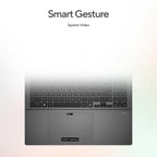 A laptop or tablet device shown from above on a soft pastel gradient background, with the top portion faded out and the text 'Smart Gesture' and 'System Video' above it. The visible product area shows a dark keyboard and trackpad.