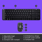 Black keyboard and mouse set with features labeled on a purple background