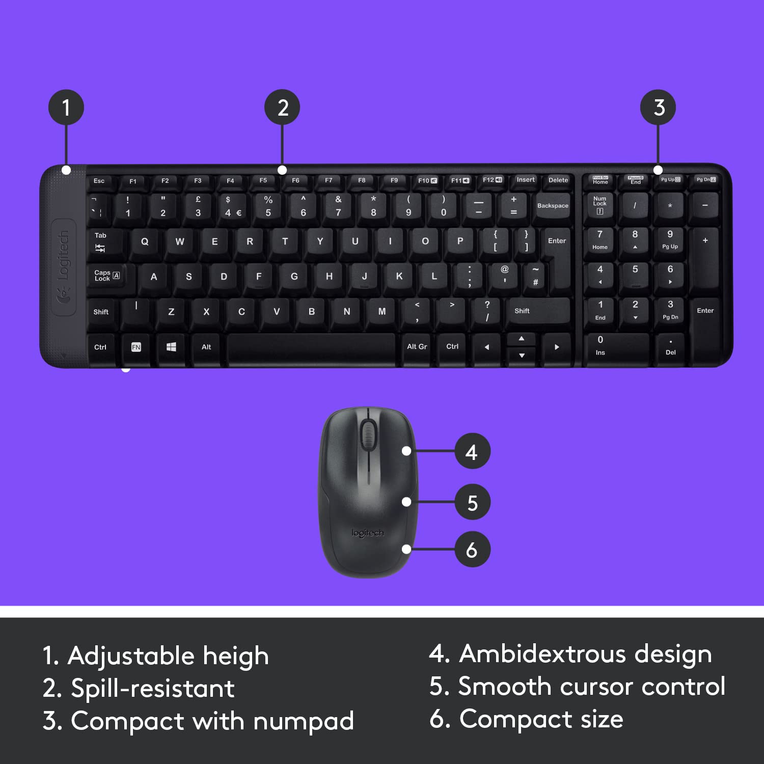 Black keyboard and mouse set with features labeled on a purple background