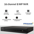PRAMA 16-channel 8 MP NVR security recorder shown on a light gray background with feature callouts including 2160p HD recording, H.265+ compression, storage up to 6 TB HDD, incoming bandwidth 160Mbps, and VCA detection alarm support.