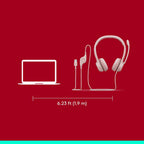 A red graphic showing a white laptop icon on the left and a white wired headset with inline control on the right, with a dimension line below reading 6.23 ft (1.