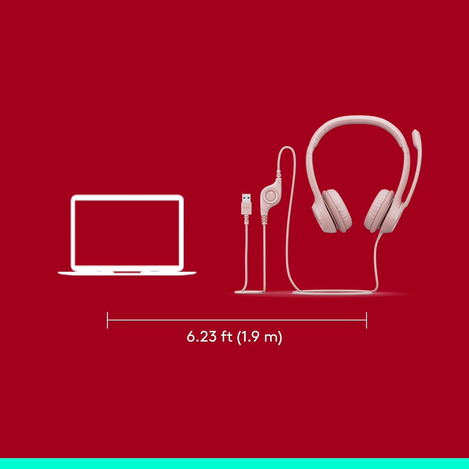 A red graphic showing a white laptop icon on the left and a white wired headset with inline control on the right, with a dimension line below reading 6.23 ft (1.